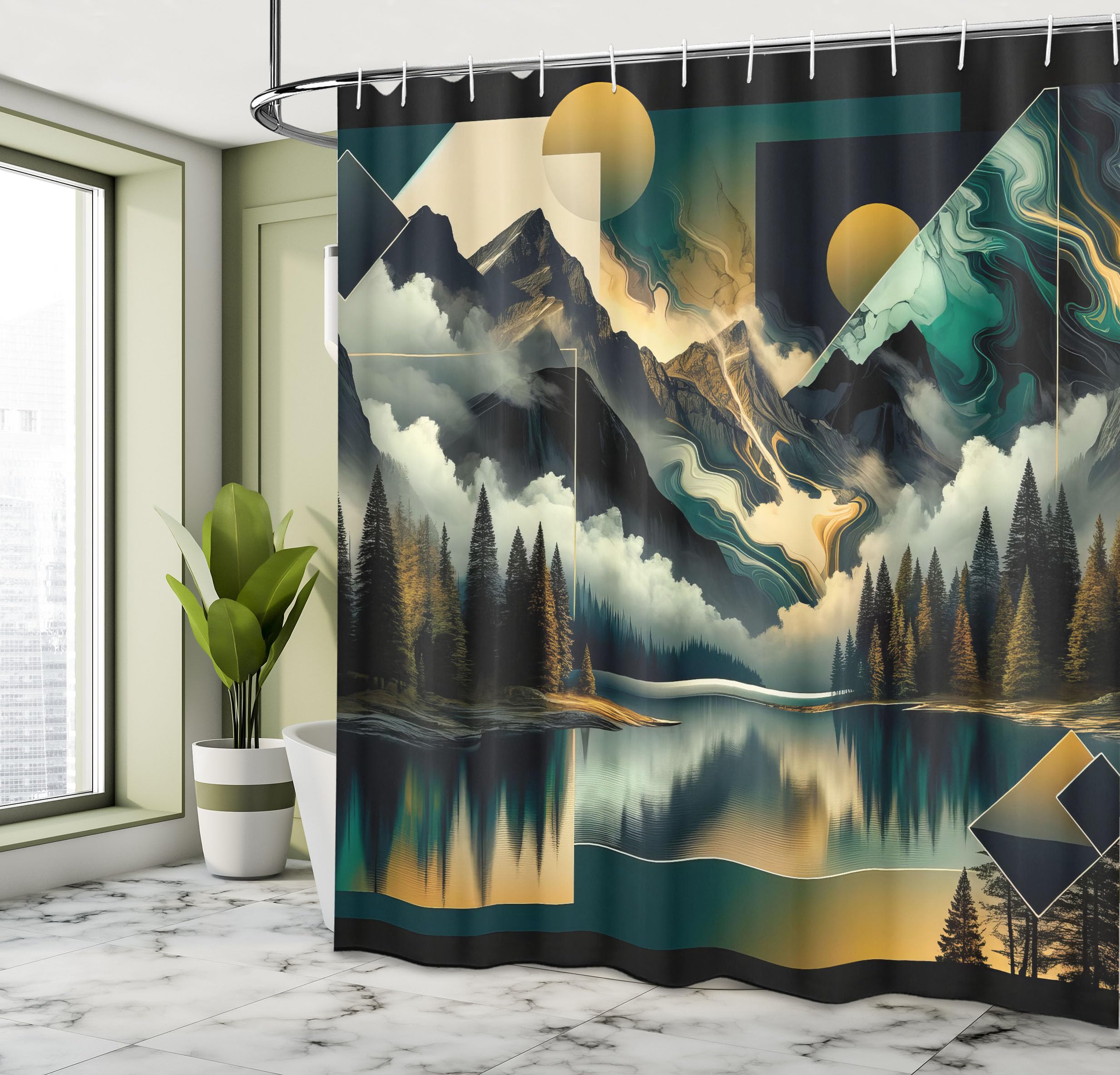 Ambesonne Lake Shower Curtain, Mysterious Scene Of Cloudy Mountains And Pine Trees With Geometric Rounds, Cloth Fabric Bathroom
